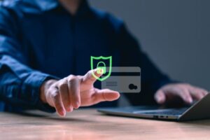 Person using digital identity verification technology for secure online exams and remote proctoring.