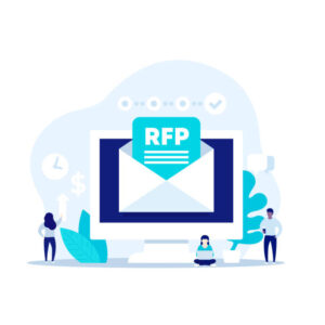 Illustration of an online proctoring RFP showing vendor selection, bidding, budgeting, and university procurement.
