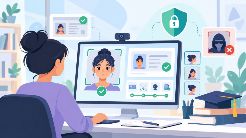 Online exam identity verification using facial recognition, candidate authentication, and impersonation detection.